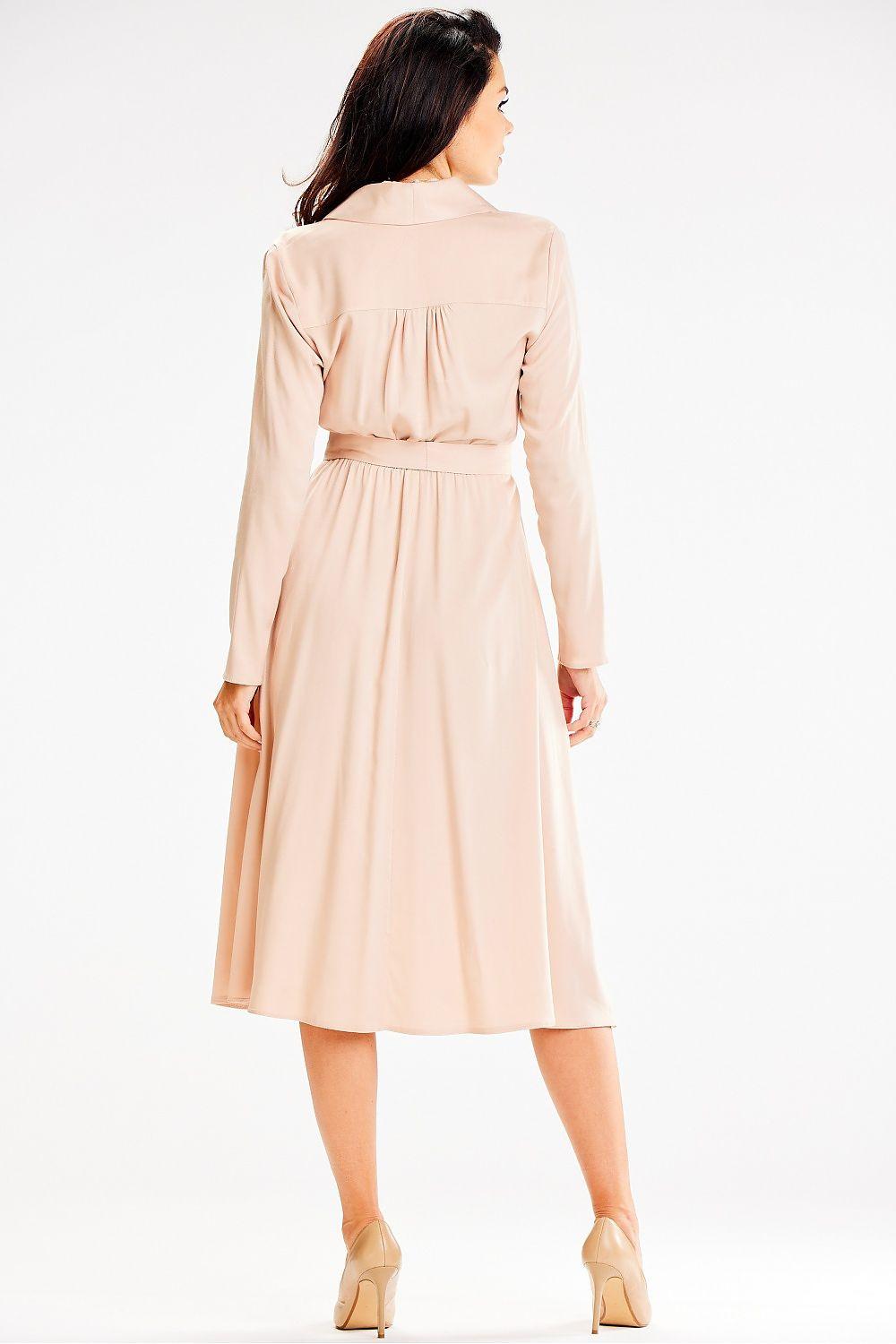 Beige wrap daydress with long sleeves, gathered back waist and midi skirt