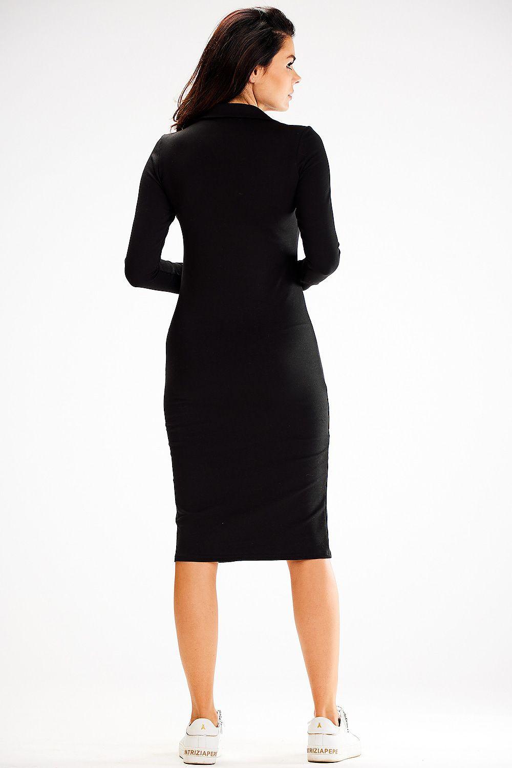 Black knee-length day dress with long sleeves, back view