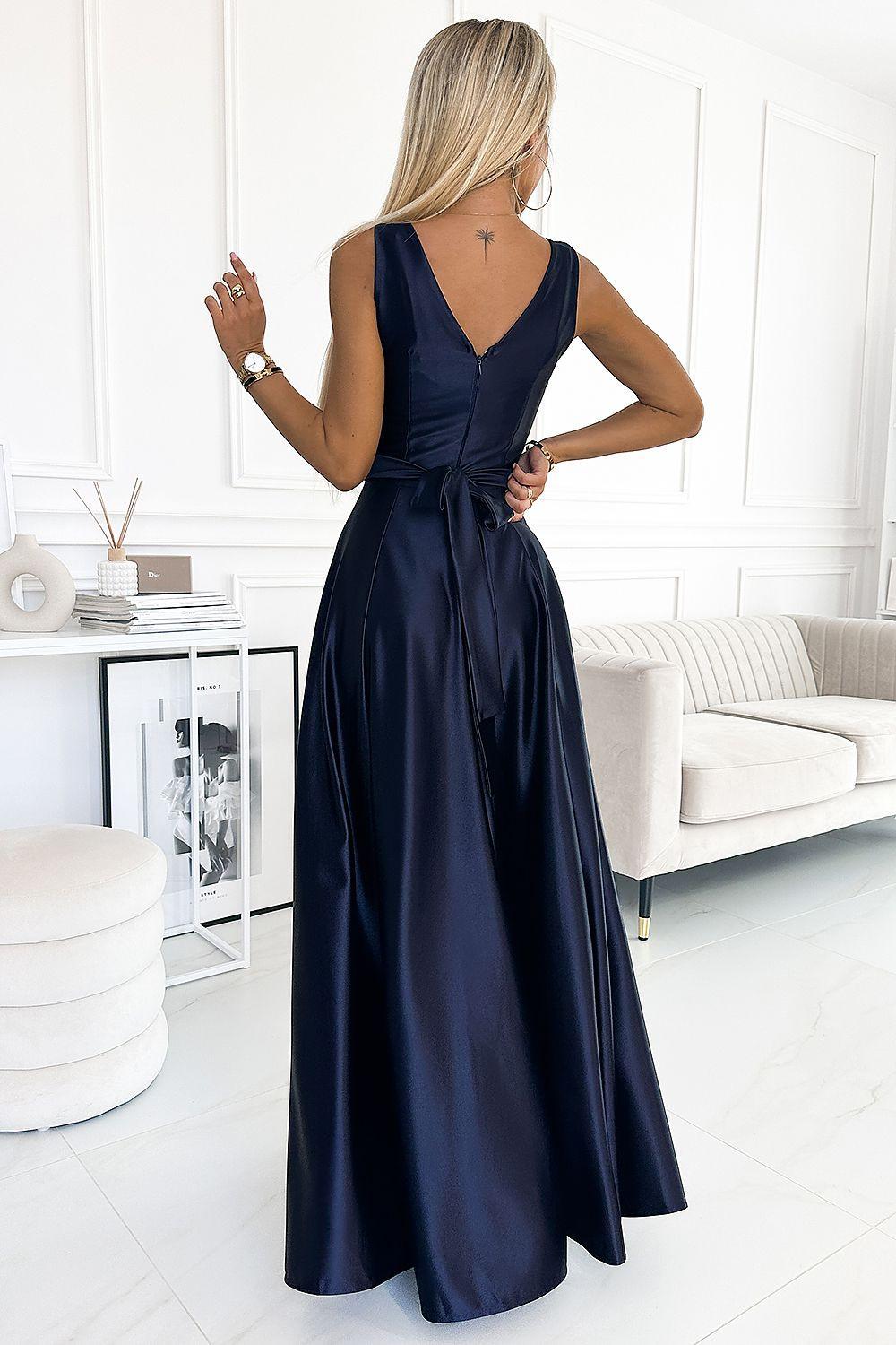 Navy satin maxi dress, open back with thin straps and gathered waist, back view