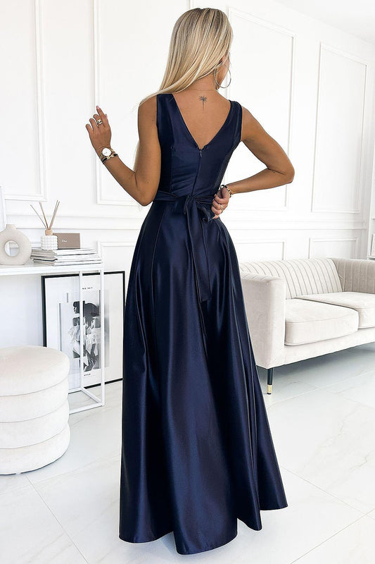 Navy long satin dress with low back, thin straps, cinched waist