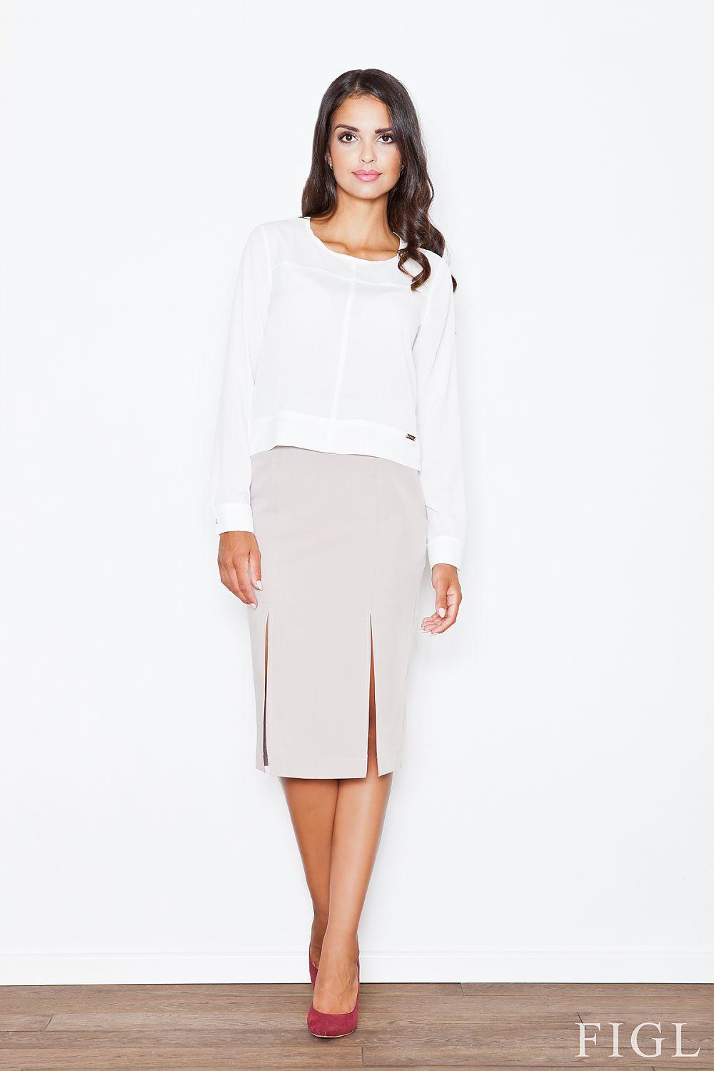 Light gray midi pencil skirt with front center slit