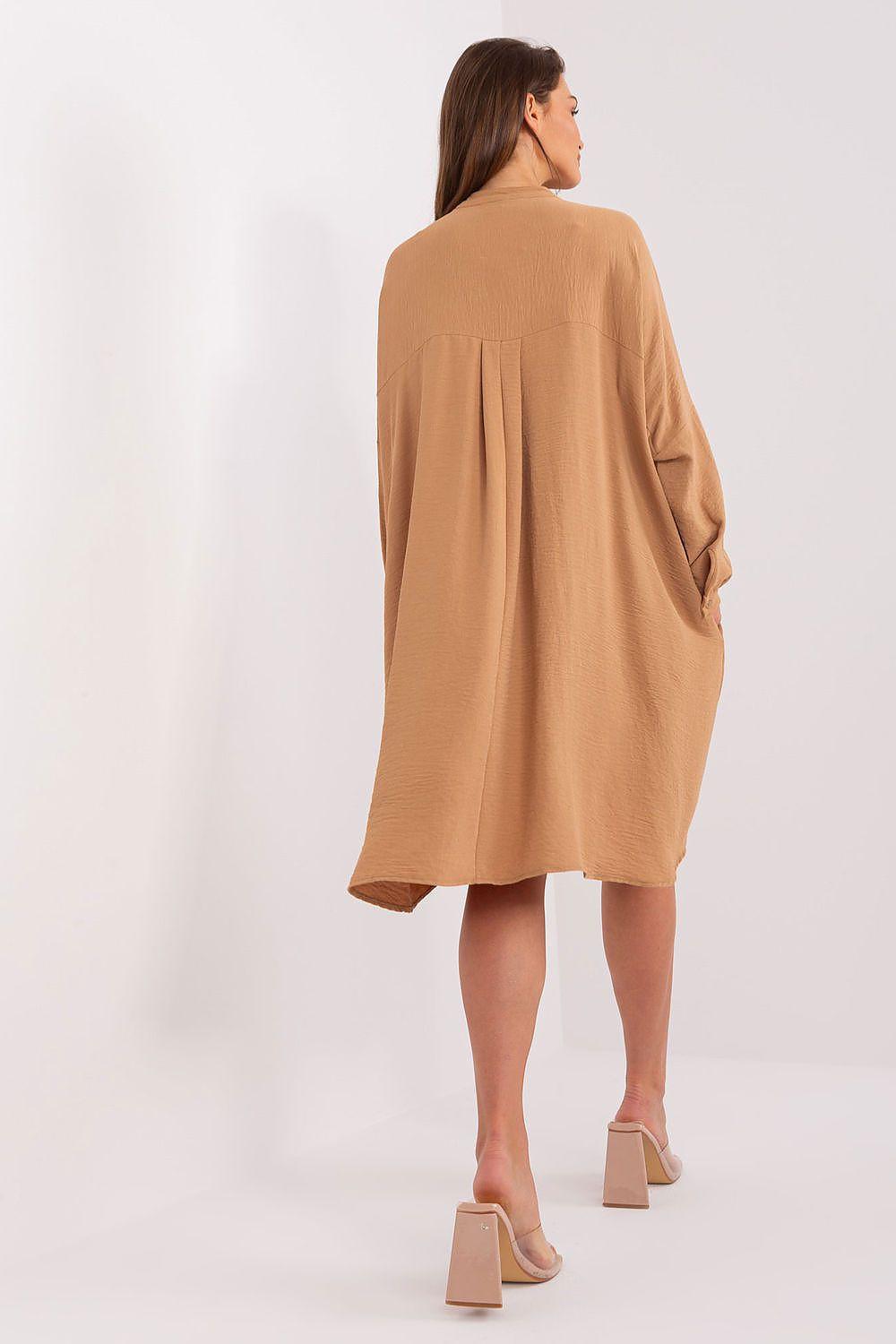 Brown back-view daydress with long sleeves and button detailing, above-knee length
