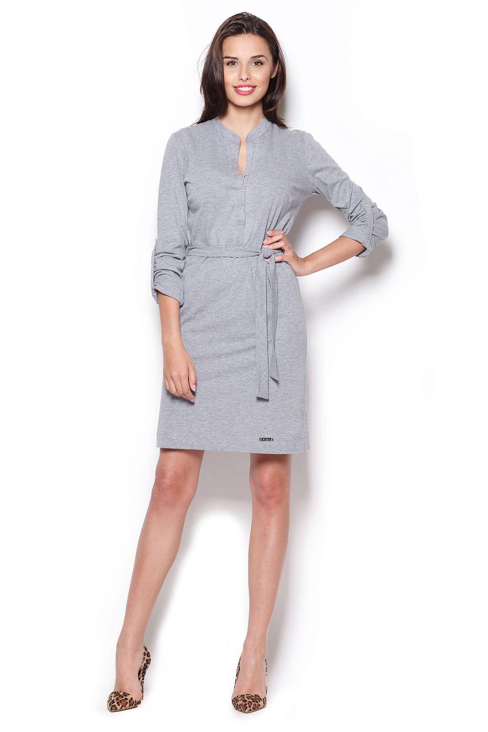 Grey day dress with keyhole neckline, 3/4 sleeves, waist tie, knee length
