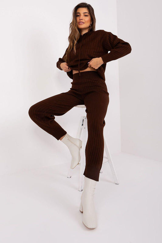 Brown ribbed knit hoodie and jogger set, hooded top and ankle-length tapered pants