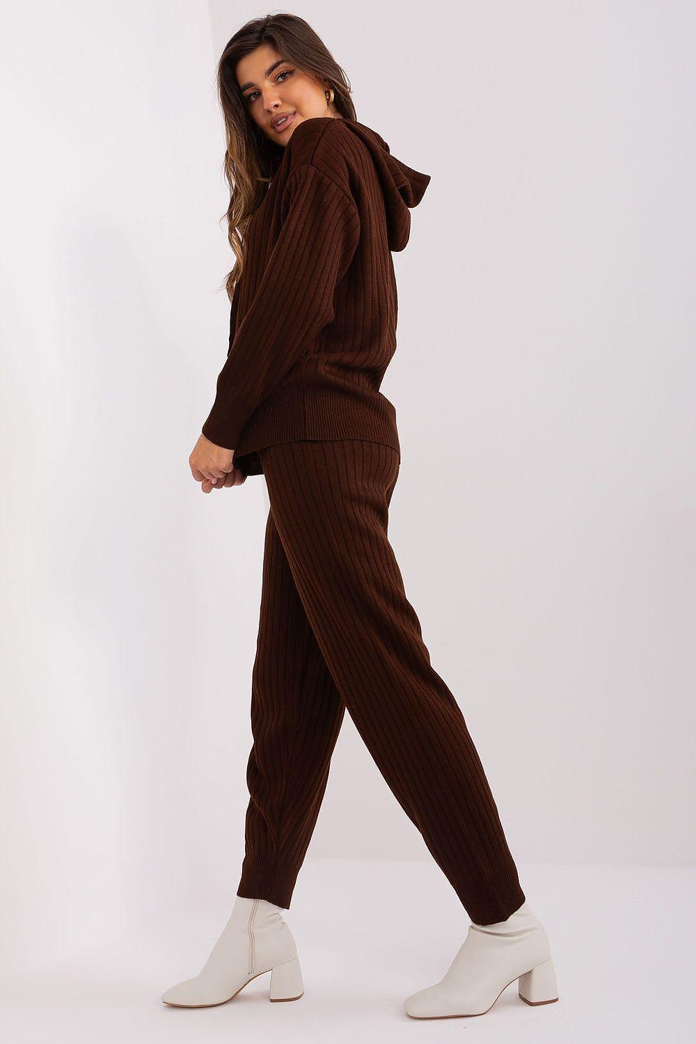 Brown ribbed knit hoodie and jogger set with front zipper and slim tapered pants