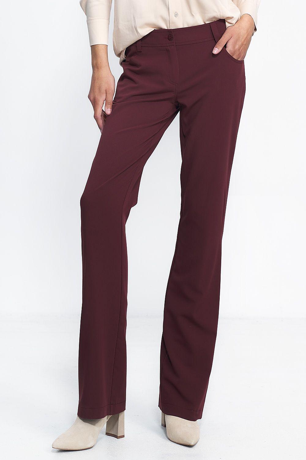 Burgundy bootcut tailored trousers with front crease and belt loops