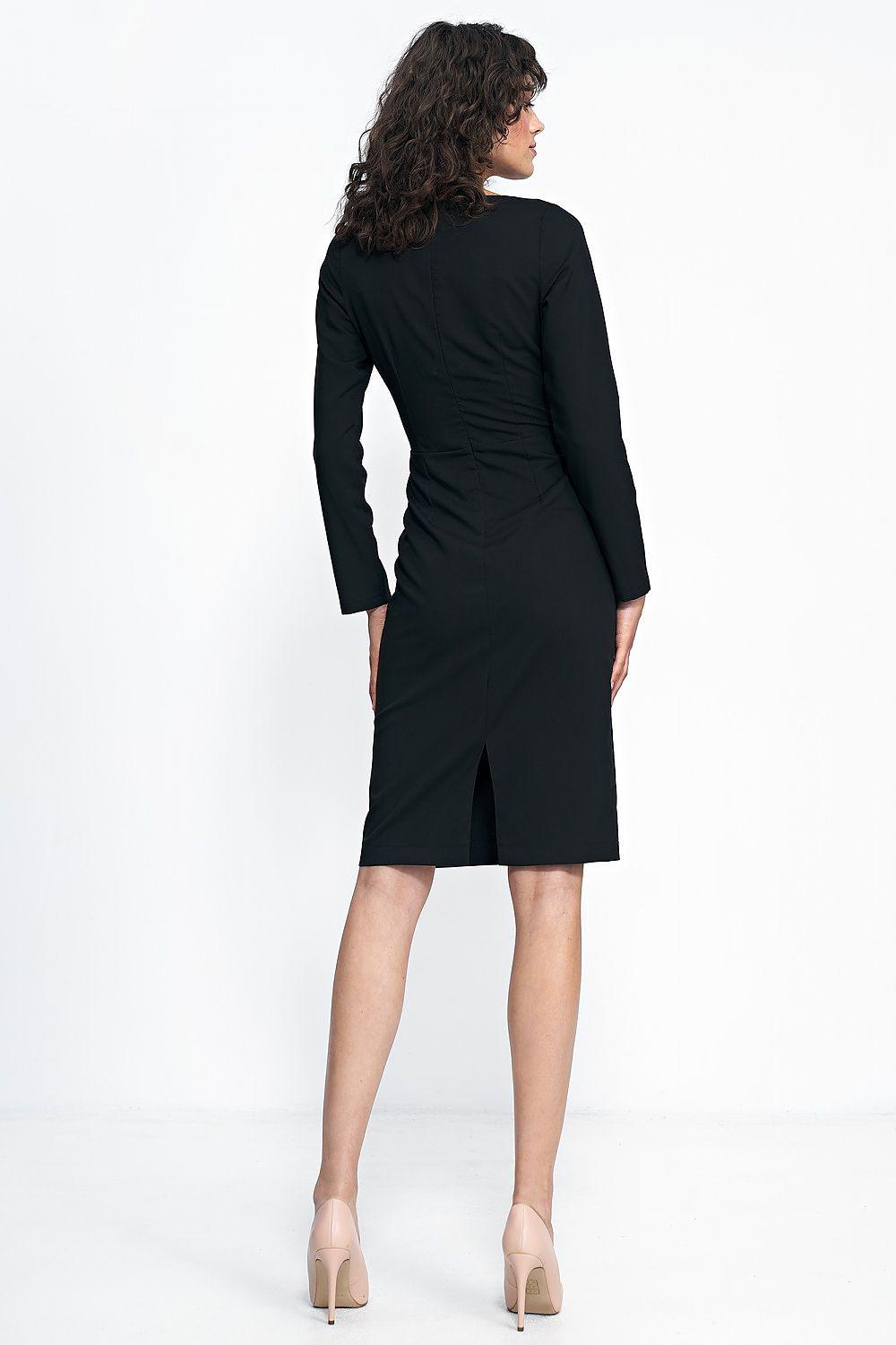 Nife black daydress, back view with long sleeves and knee-length pencil cut