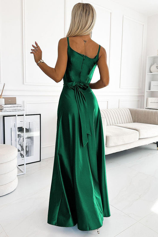 Green long dress by Numoco from back view with scoop back and tied waist