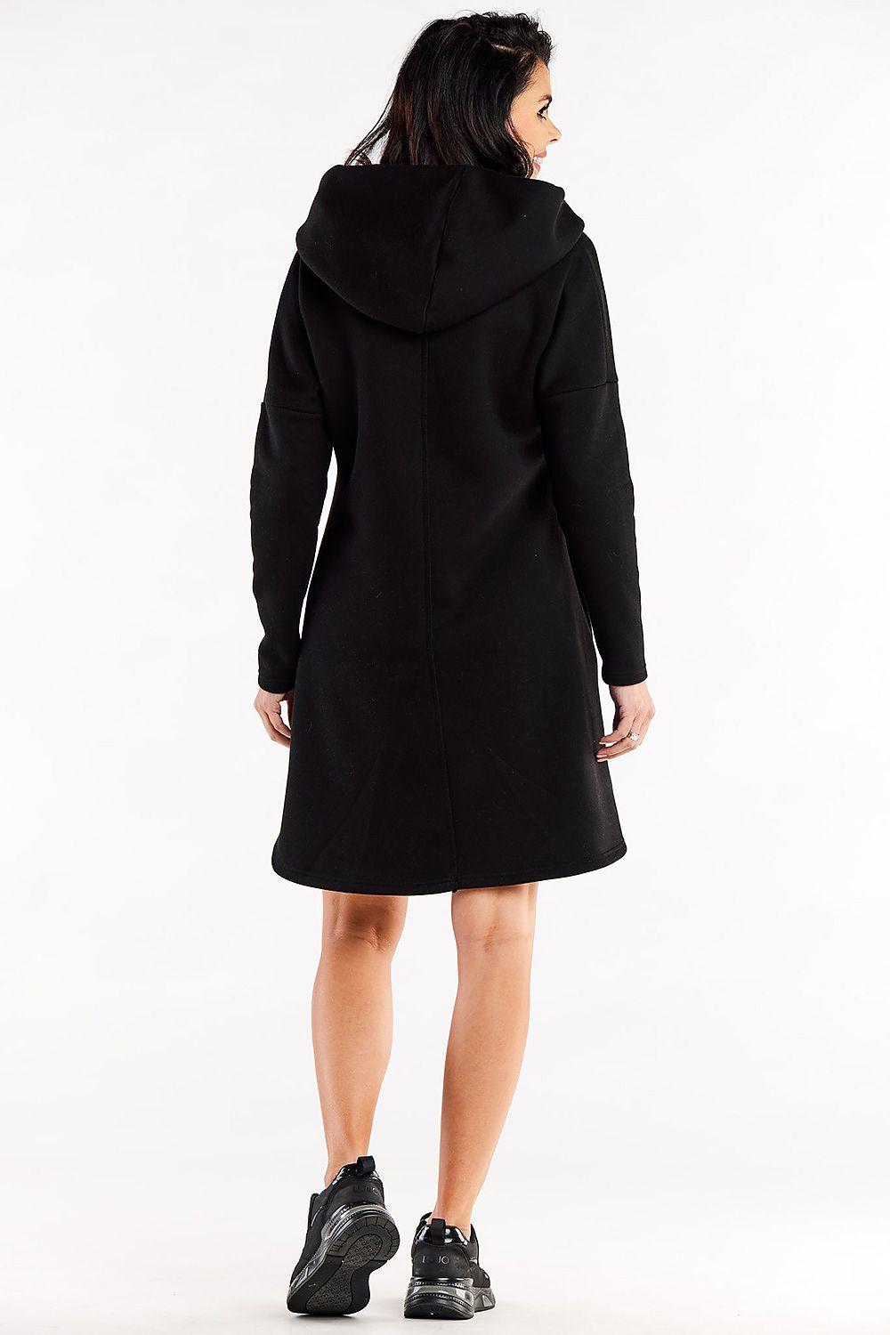 Black hooded daydress back view with long sleeves, A-line hem