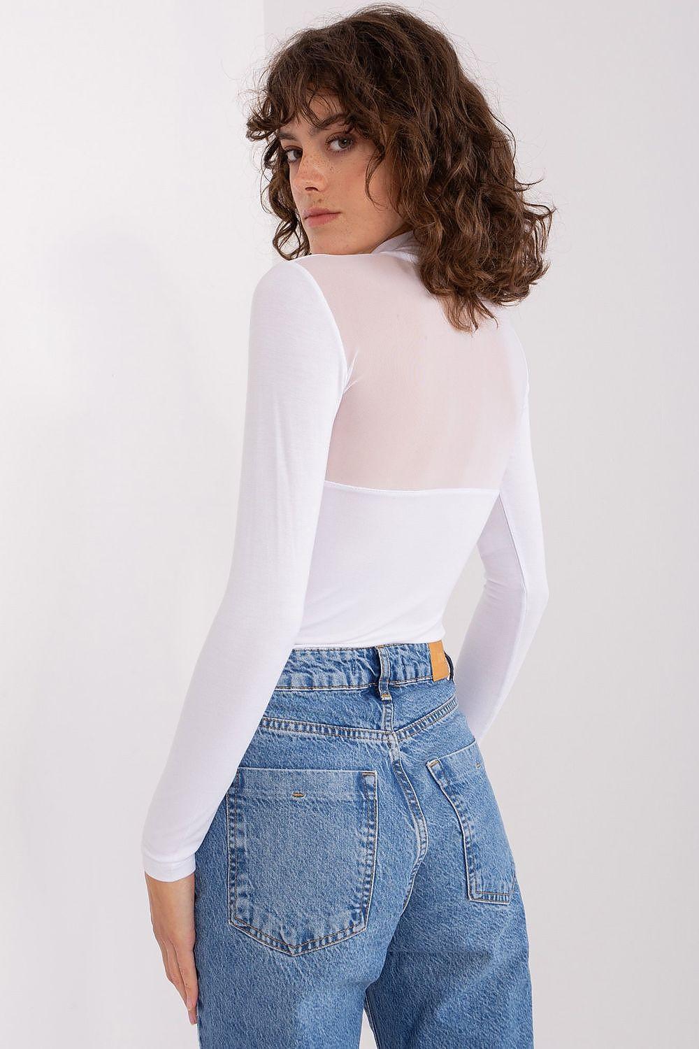 White long-sleeve blouse with sheer chest yoke and high collar