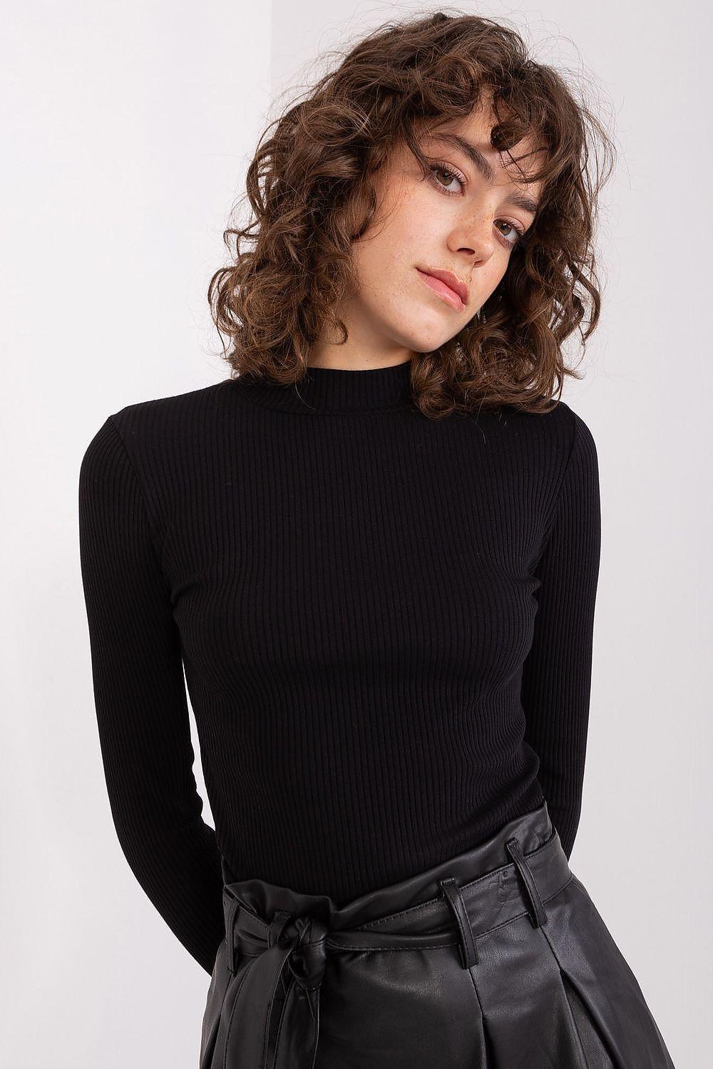 Black long-sleeve ribbed knit blouse with high crew neckline