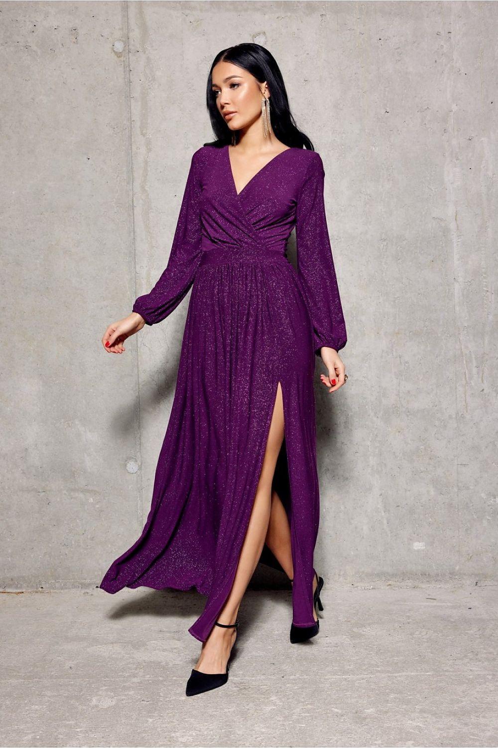 Long purple V-neck dress with long sleeves, ruched waist and front thigh slit
