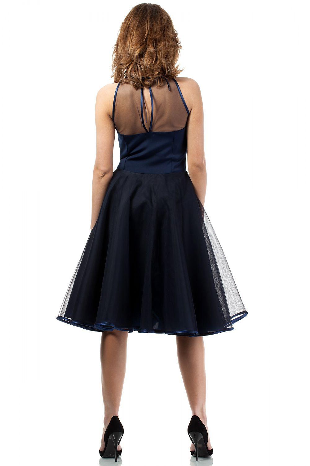 Blue evening dress back with tied straps and flared tulle skirt