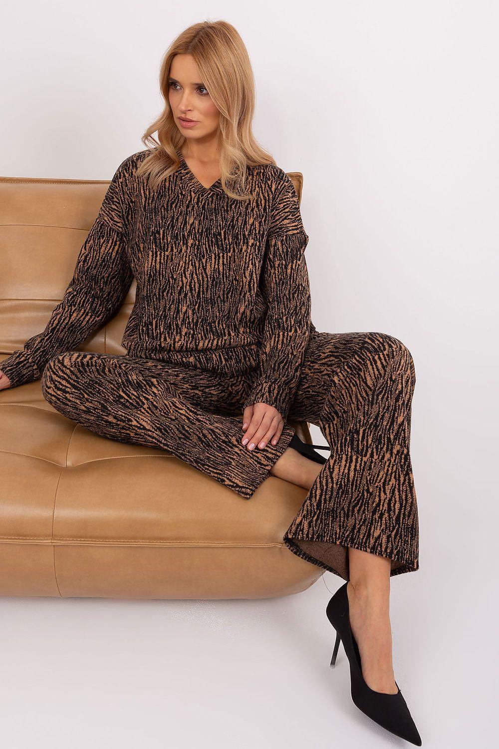 Brown animal print two-piece top and flared pants set for women