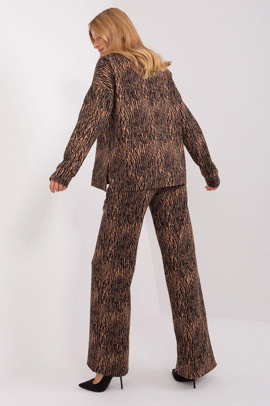 Brown patterned hooded jacket and wide-leg pants set, full-length back view