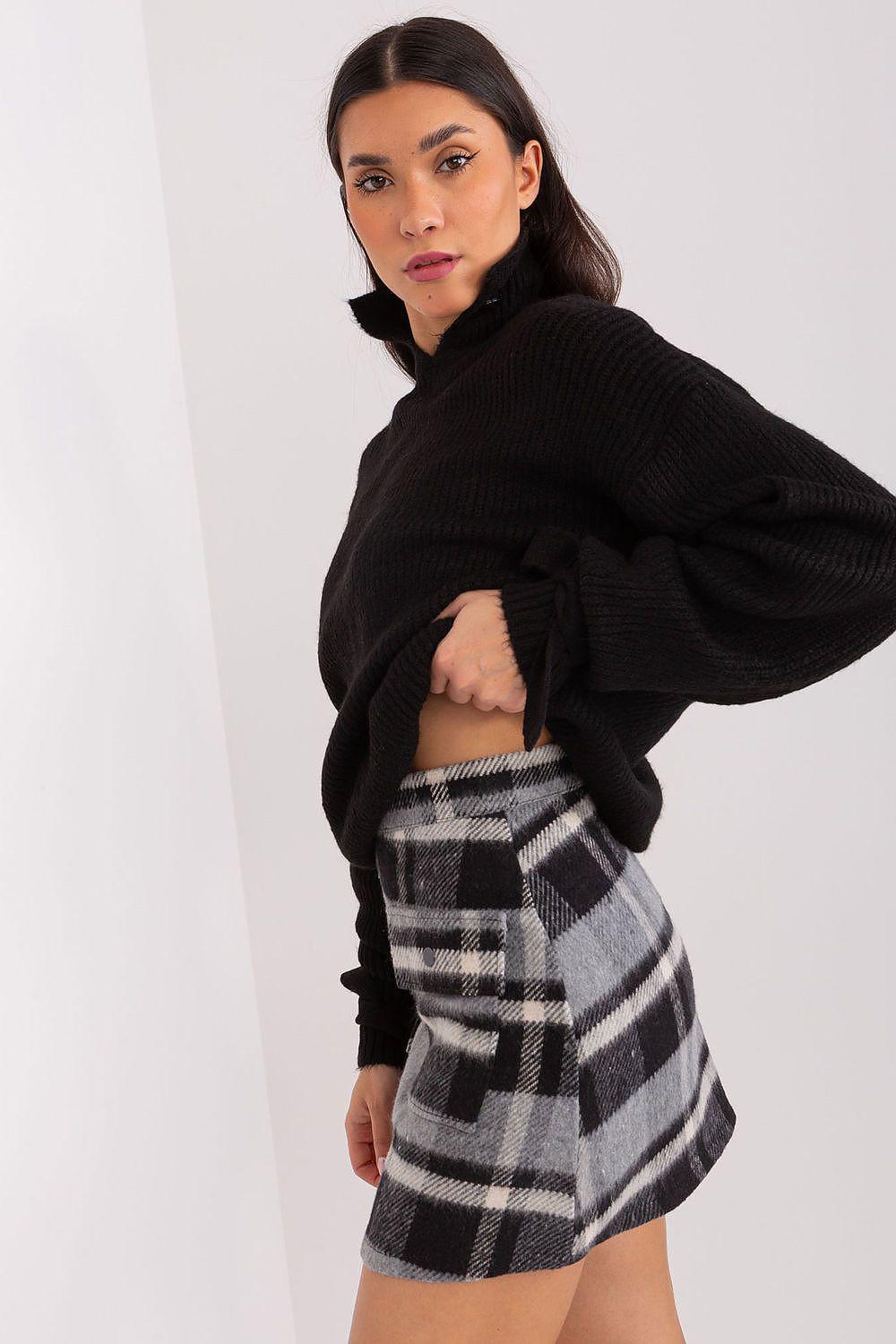 Grey and black plaid mini skirt with diagonal check pattern and short flared cut