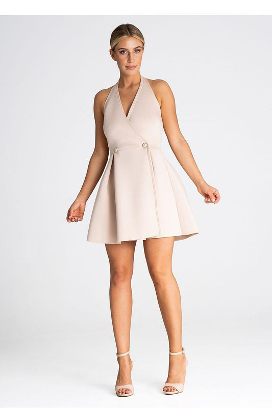Beige sleeveless V-neck cocktail dress with gathered A-line skirt and button detail