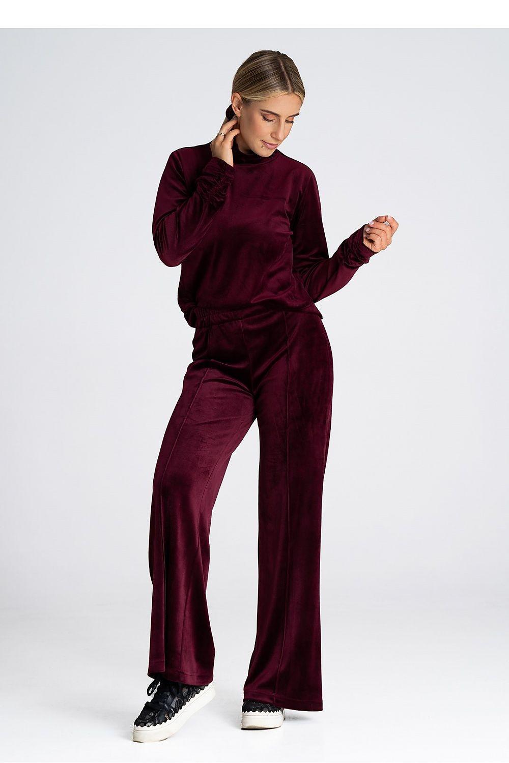 Figl high-rise velour bell-bottom track trousers, burgundy, full-length front view