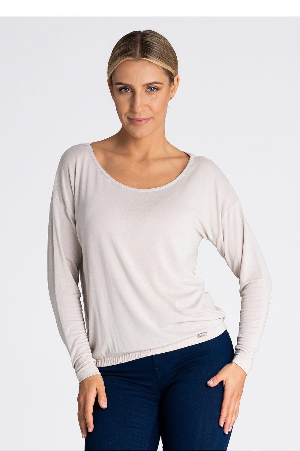 Beige long-sleeve loose-fit blouse with scoop neckline
