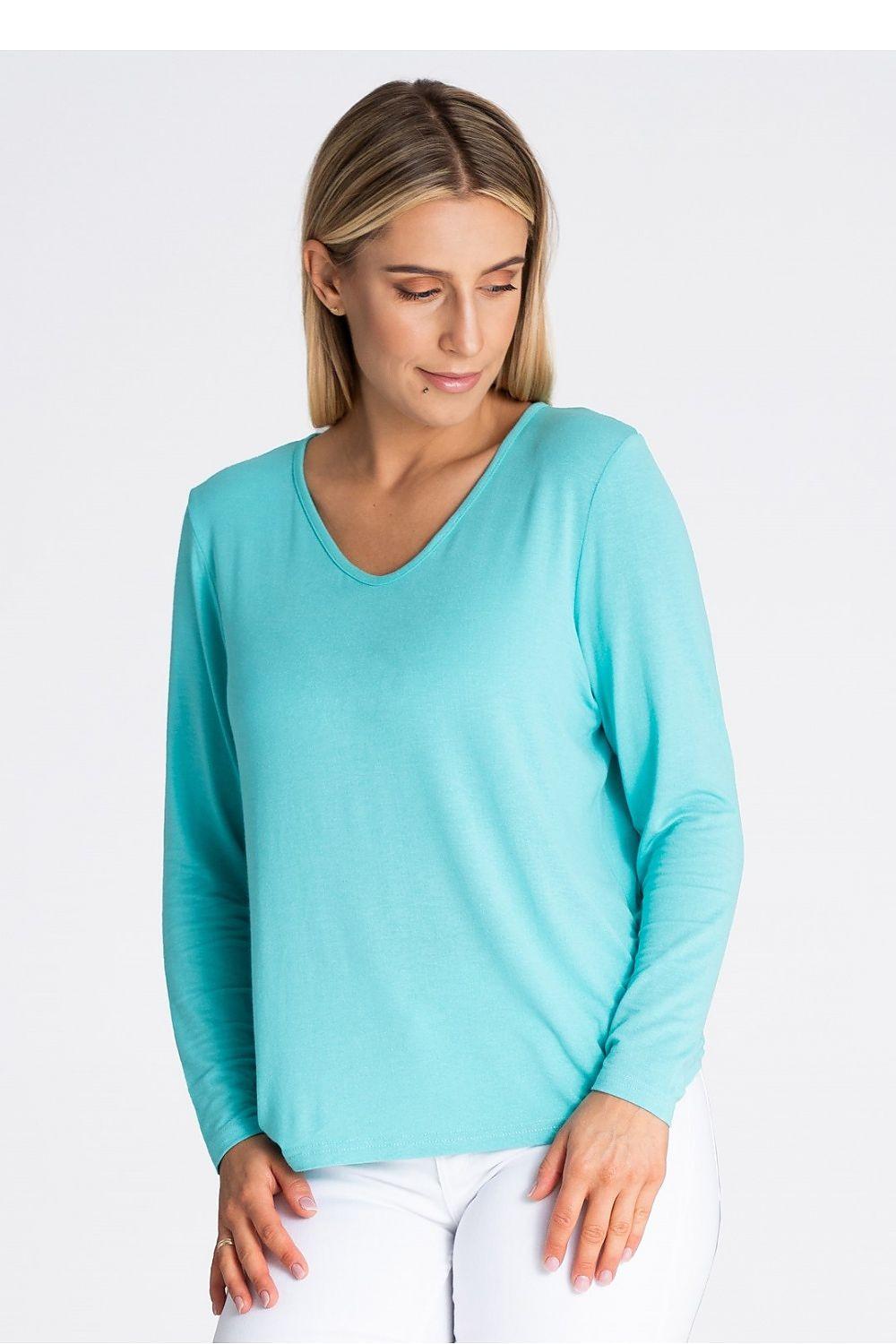 Figl turquoise V-neck blouse with long sleeves, front view