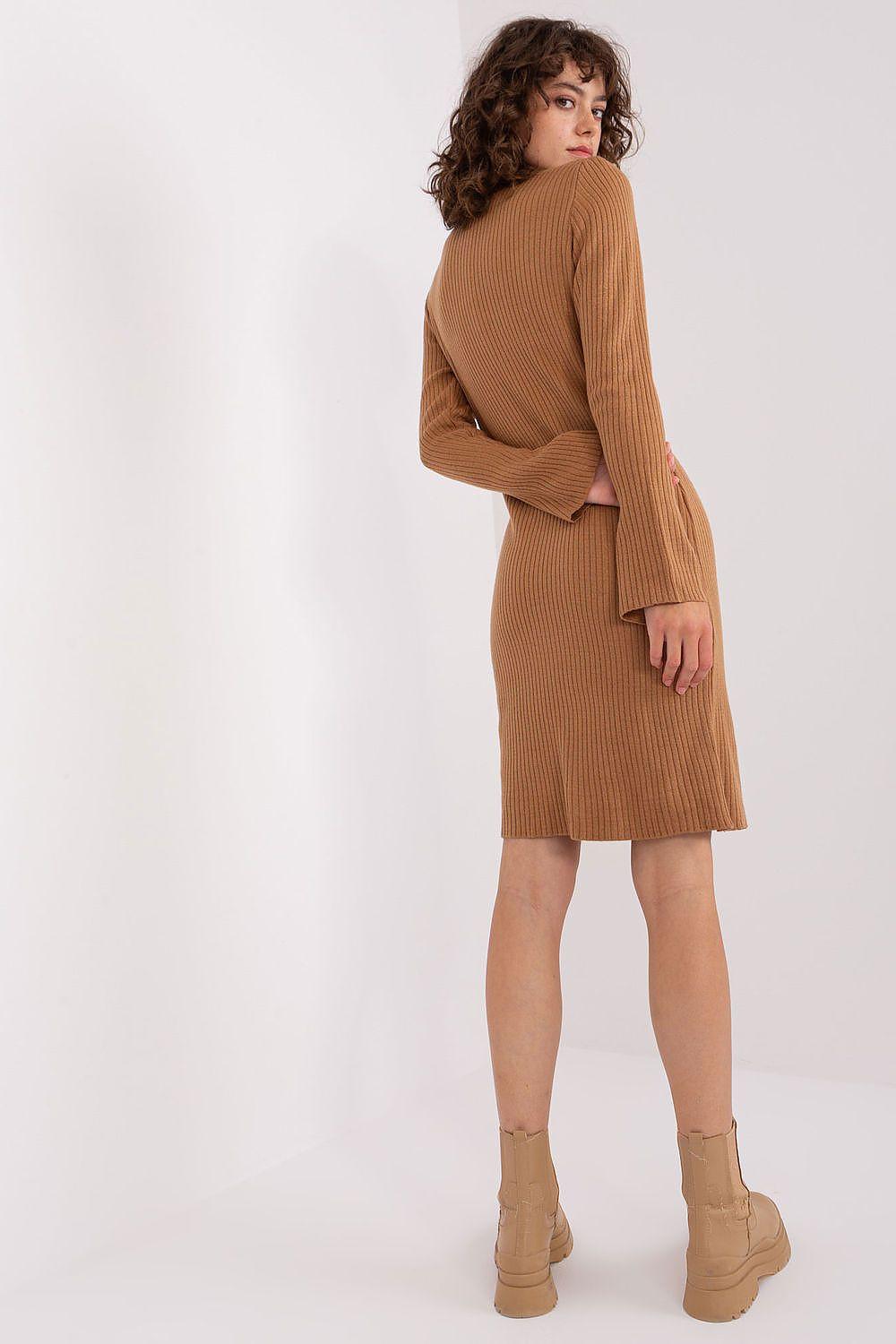 Brown ribbed knit daydress with long sleeves, side view