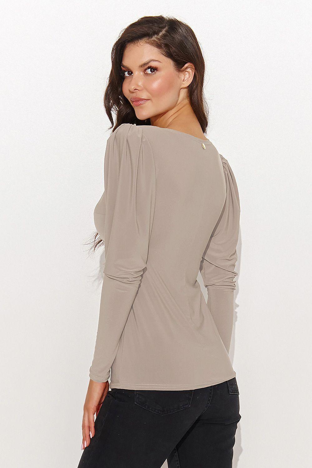 Taupe blouse with gathered back drape, long sleeves
