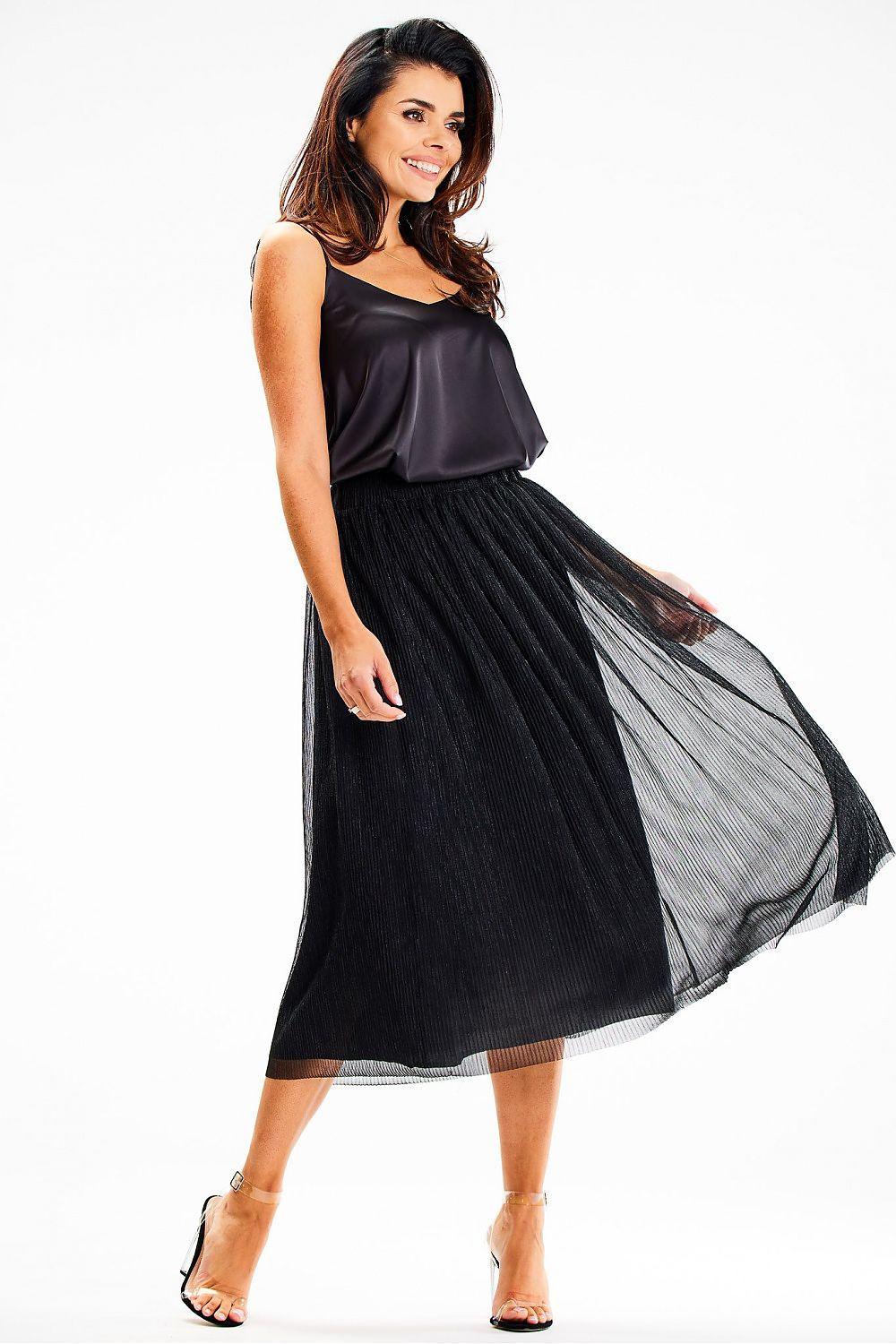 Black pleated midi skirt with shimmer mesh drape and satin lining