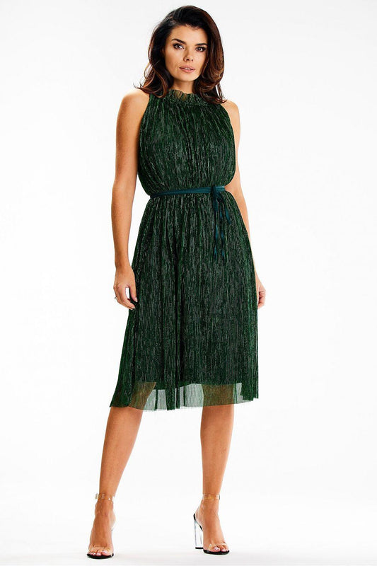 Green halter-style evening dress with fitted waist and layered tulle skirt