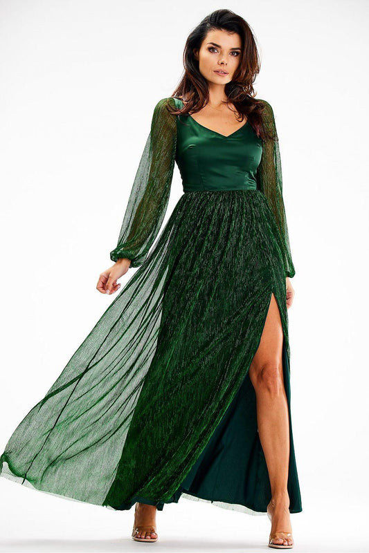 Awama long green dress with V-neck, sheer sleeves and flowing pleated skirt with side slit
