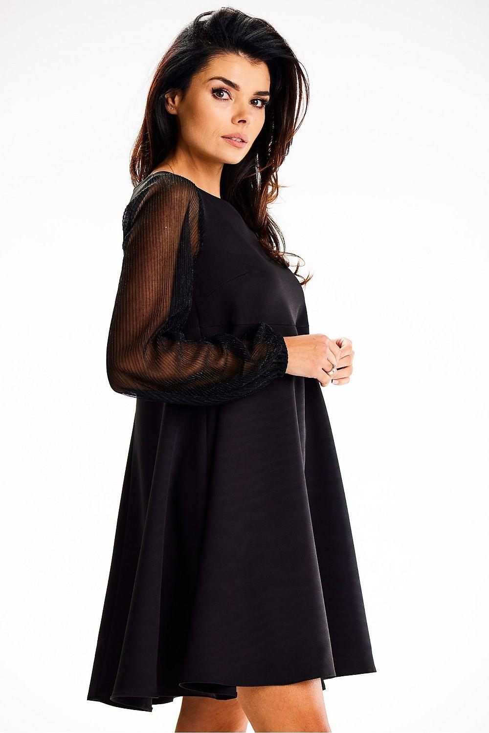 Side-angled black mesh-sleeve evening dress with flared skirt and round neckline