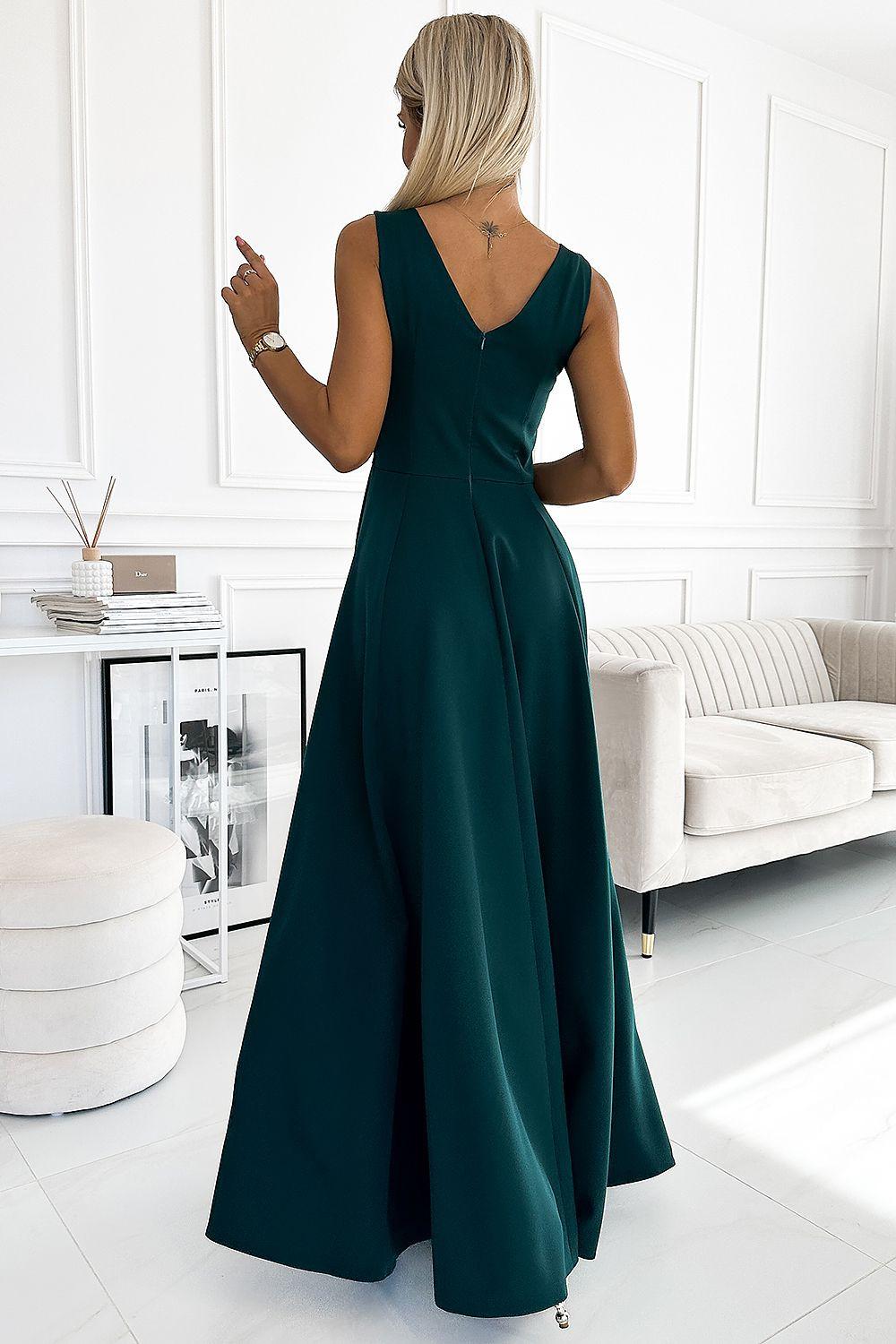 Dark green V-neck maxi dress with V-back straps and flared skirt, sleeveless