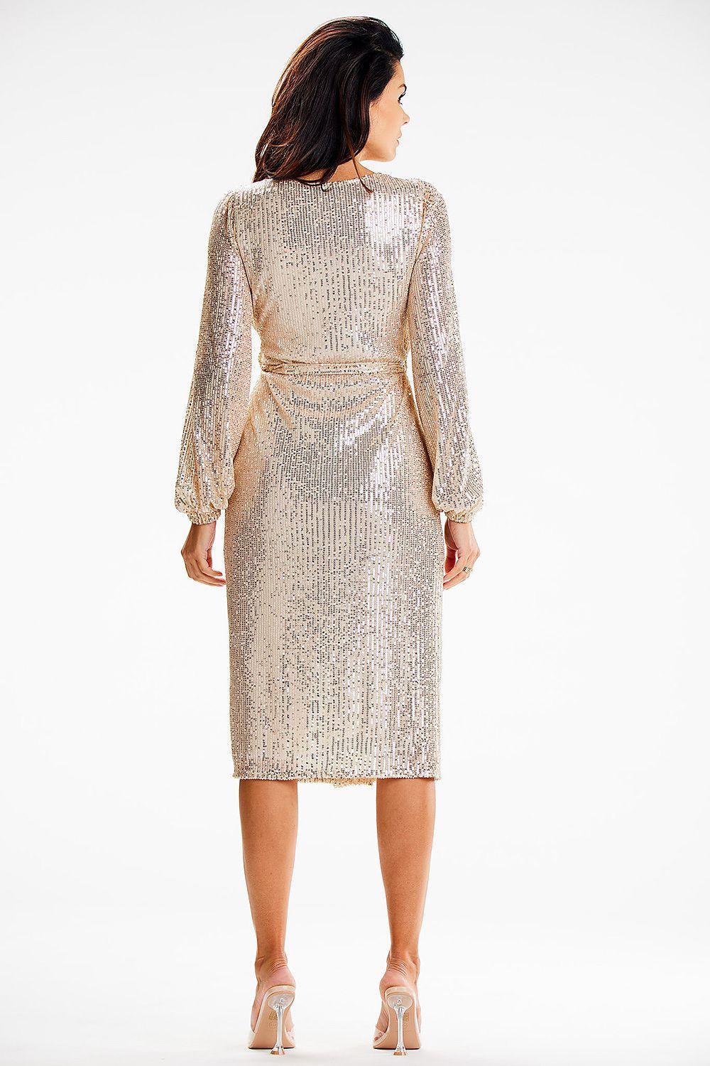 Sequin envelope midi dress, champagne back view, long sleeves, fitted midi length