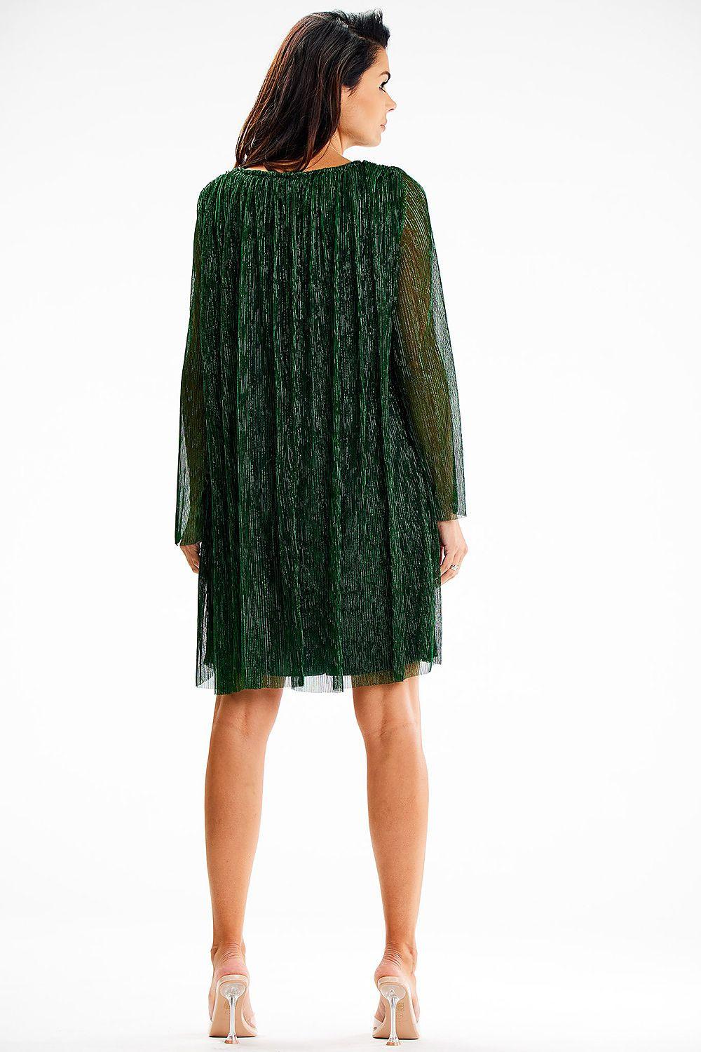 Green shimmer mesh evening dress with long sheer sleeves, back view