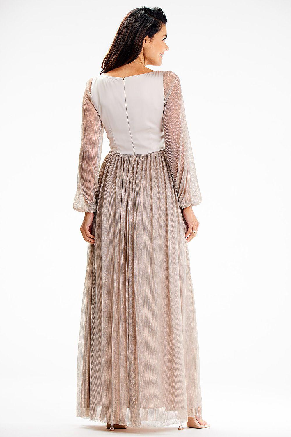 Beige satin maxi dress with sheer long sleeves and glitter mesh pleated skirt