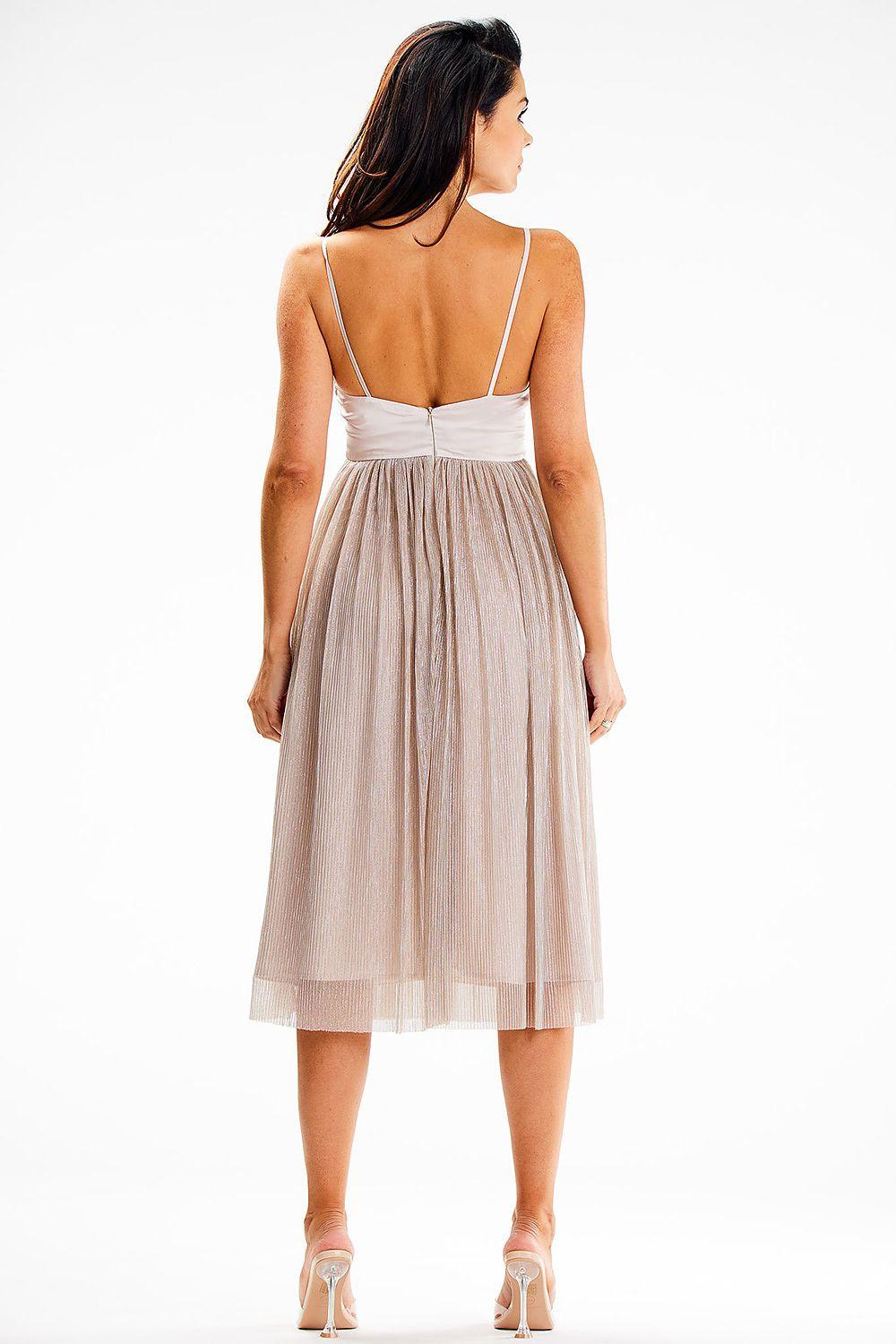 Evening dress with satin bodice and shiny mesh skirt, spaghetti straps, open back
