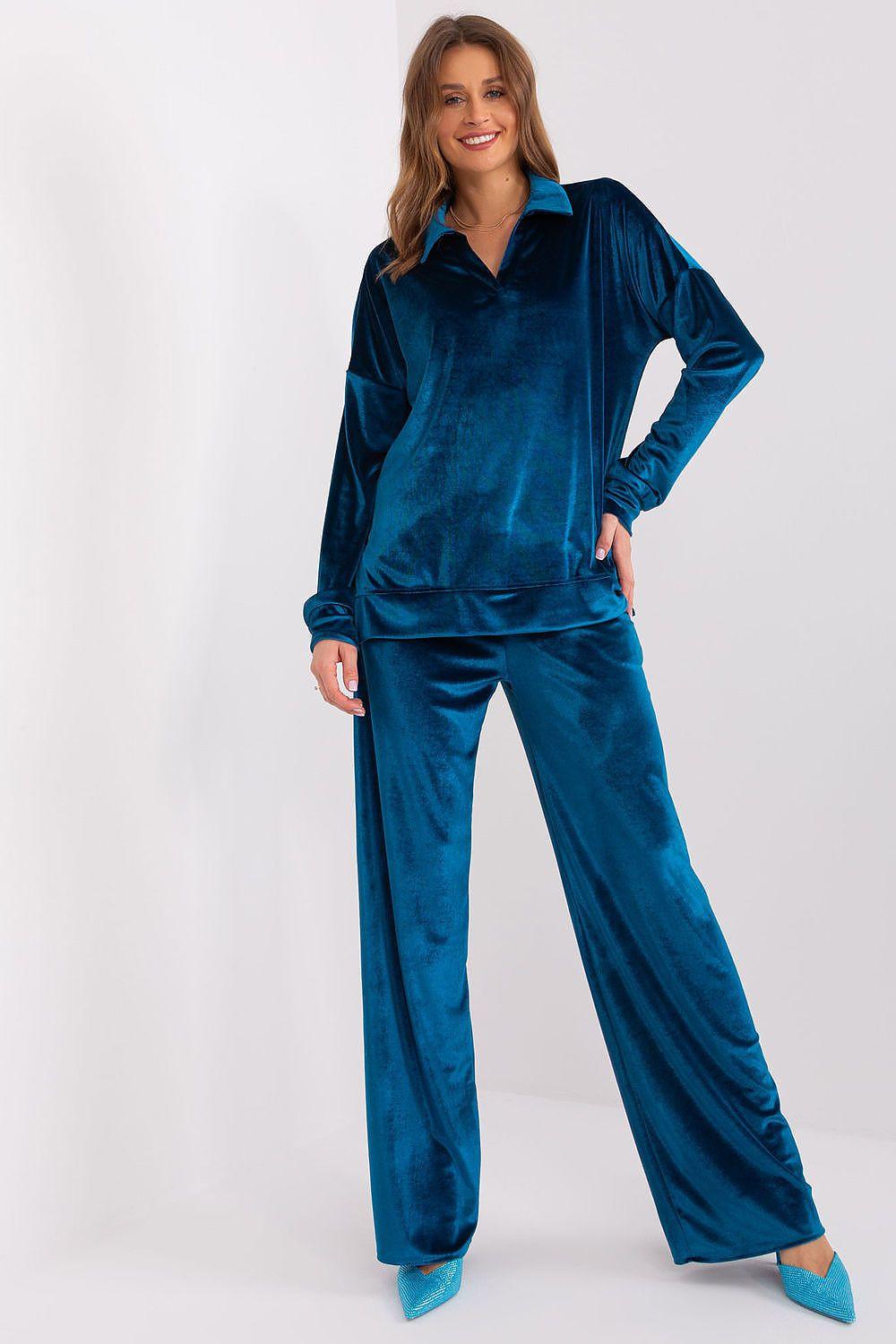 Lakerta velour set, teal long-sleeve top and wide-leg pants
