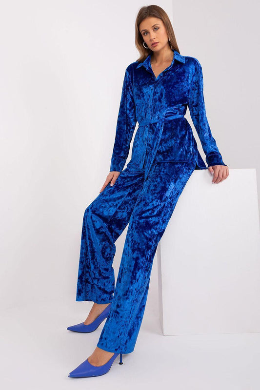 Blue velvet-look pantsuit set with tie waist V-neck top and wide-leg trousers