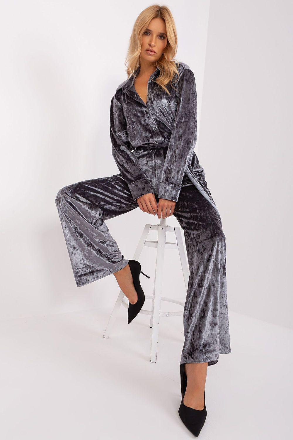 Grey velvet-look pantsuit set with V-neck long sleeves, tie waist, and wide-leg trousers