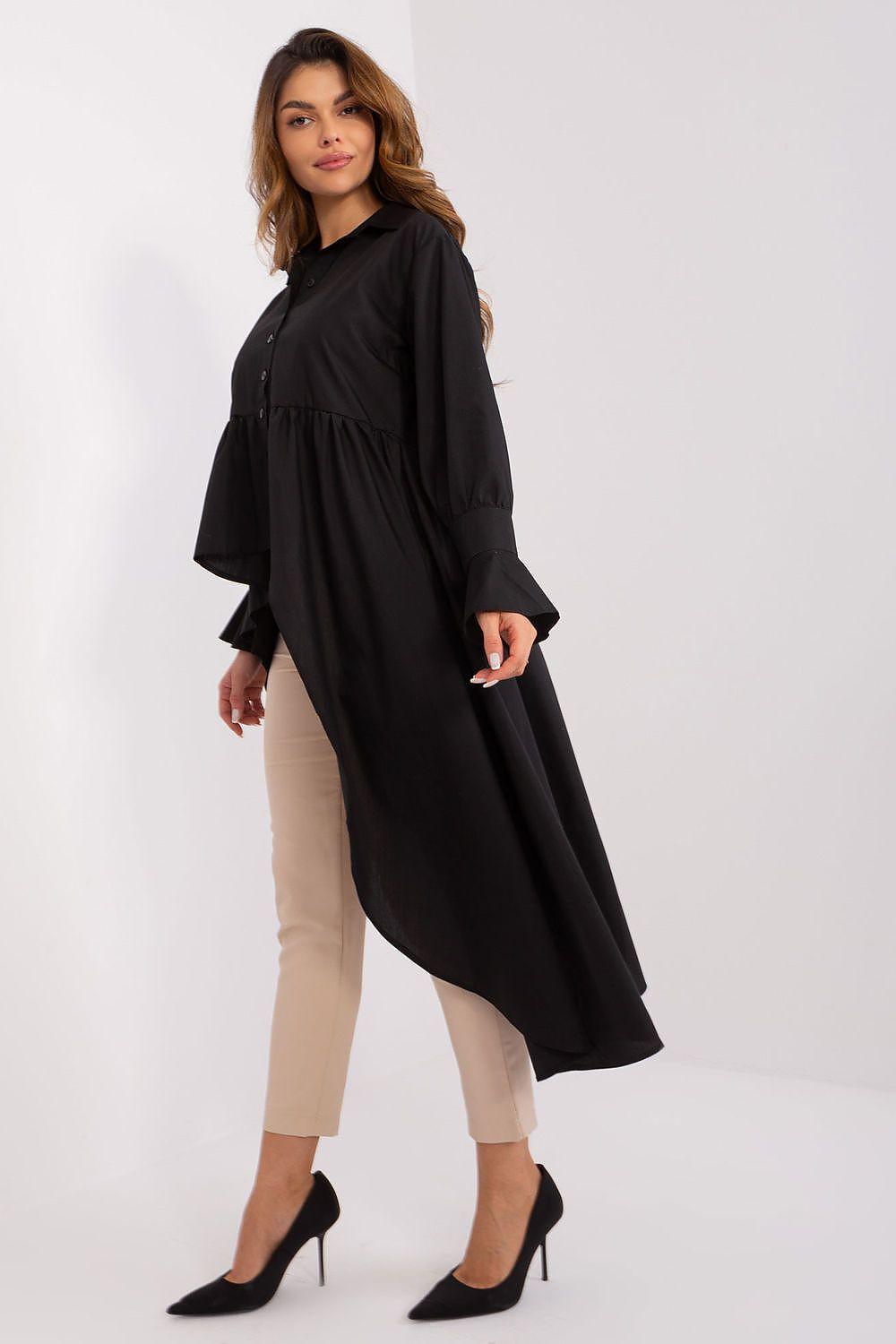 Black long-sleeve shirt with wide cuffs and asymmetrical hem.