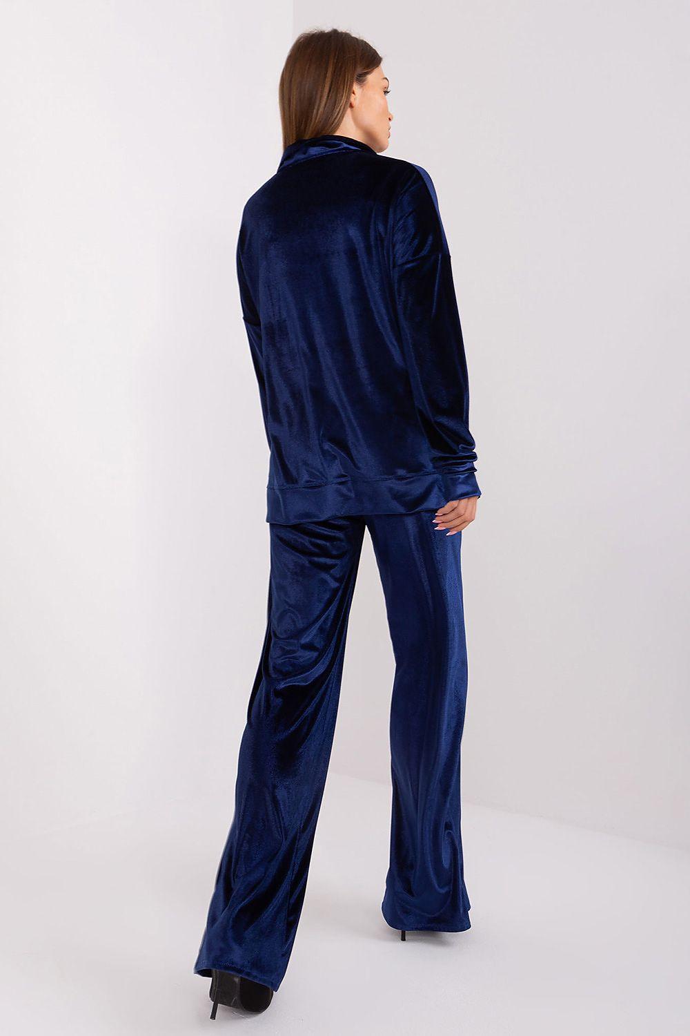 Navy blue velour lounge set, long-sleeve top and wide-leg trousers from back
