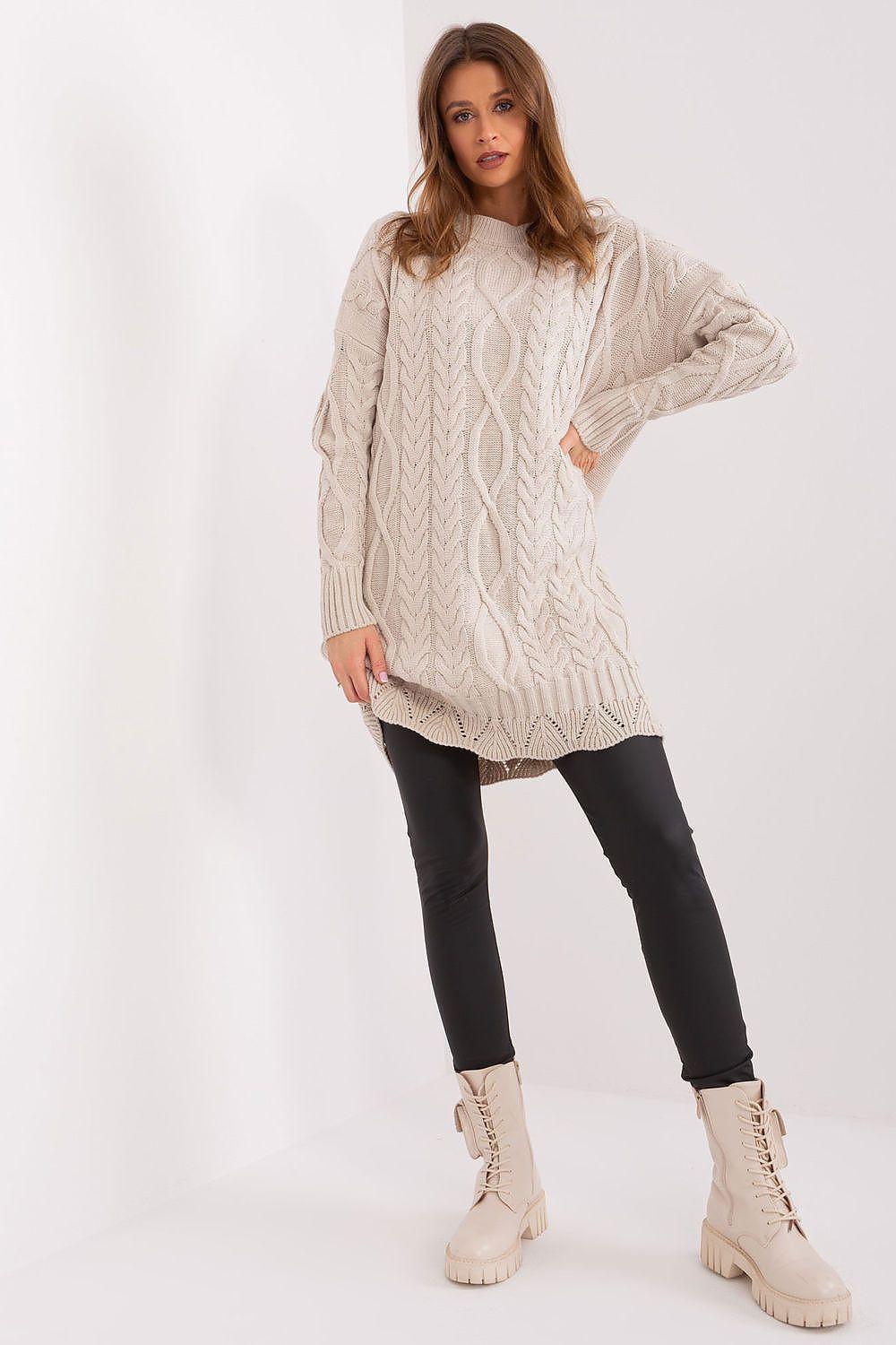 Beige knit daydress with long sleeves, cable stitch knit and straight tunic hem