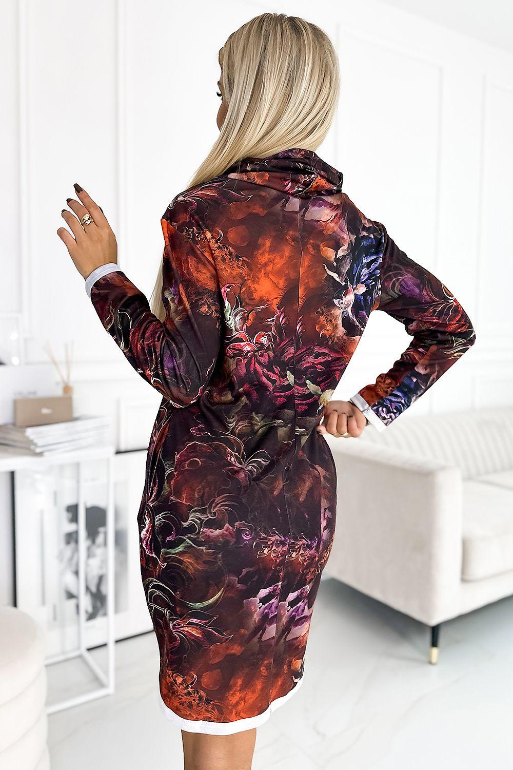 Numoco daydress with dark red and purple swirl print, long sleeves, scarf collar