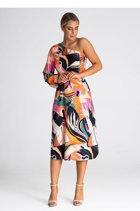 One-shoulder cocktail dress with abstract multicolor print, midi length and straight skirt.