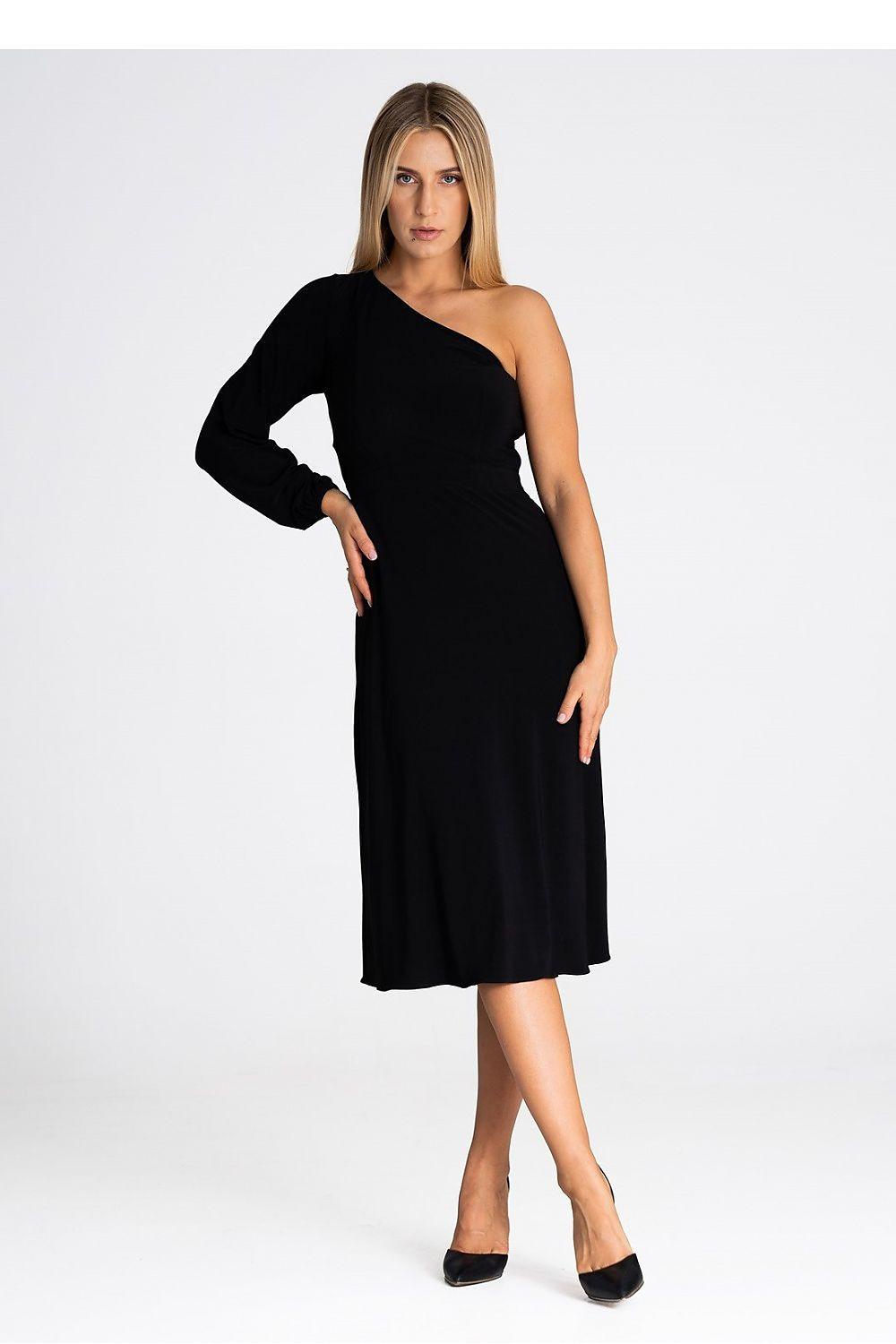 Black one-shoulder cocktail dress with long sleeve on one side, knee-length fit