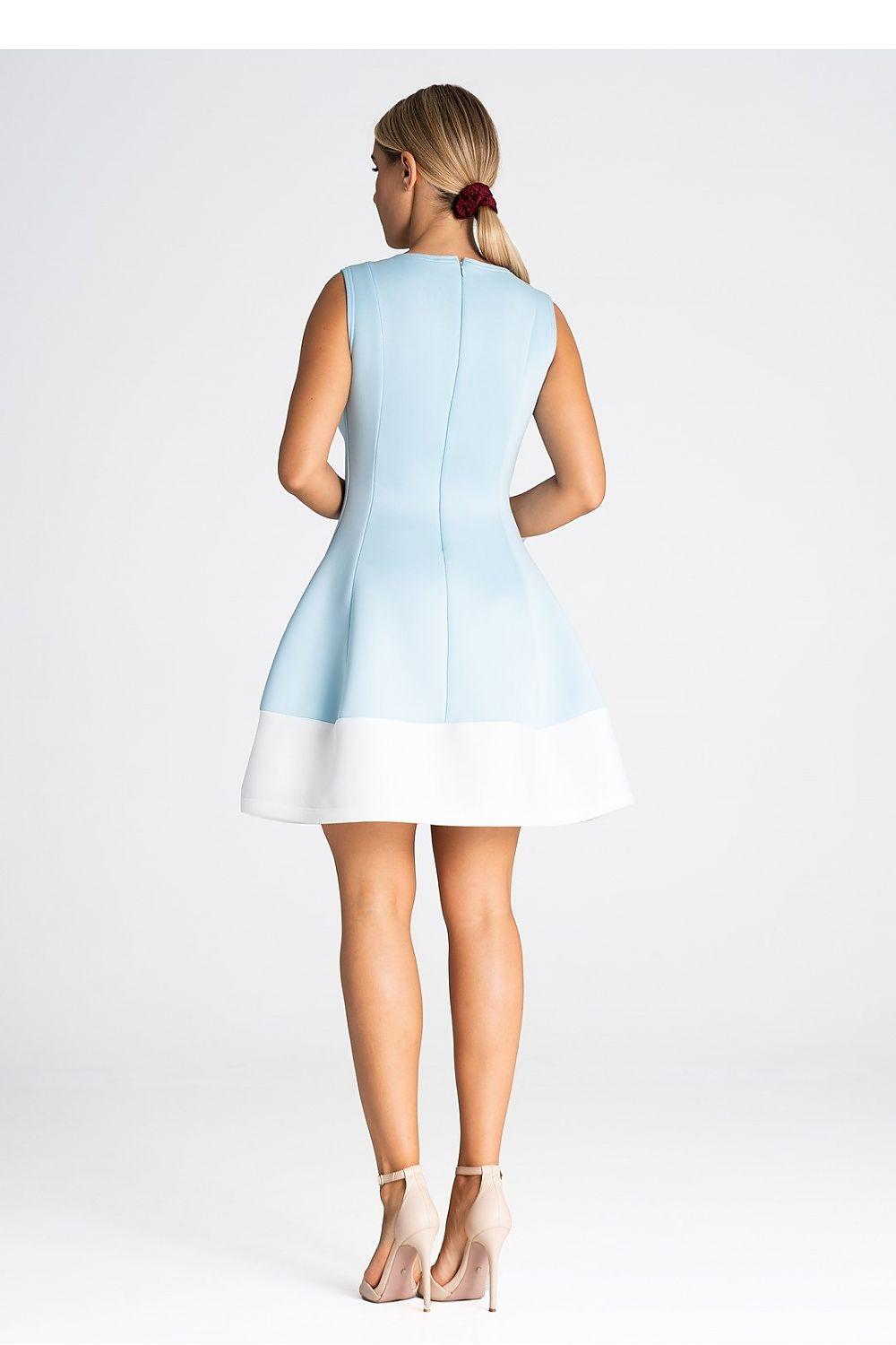 Blue sleeveless cocktail dress with fitted back and flared pleated skirt, two-tone hem