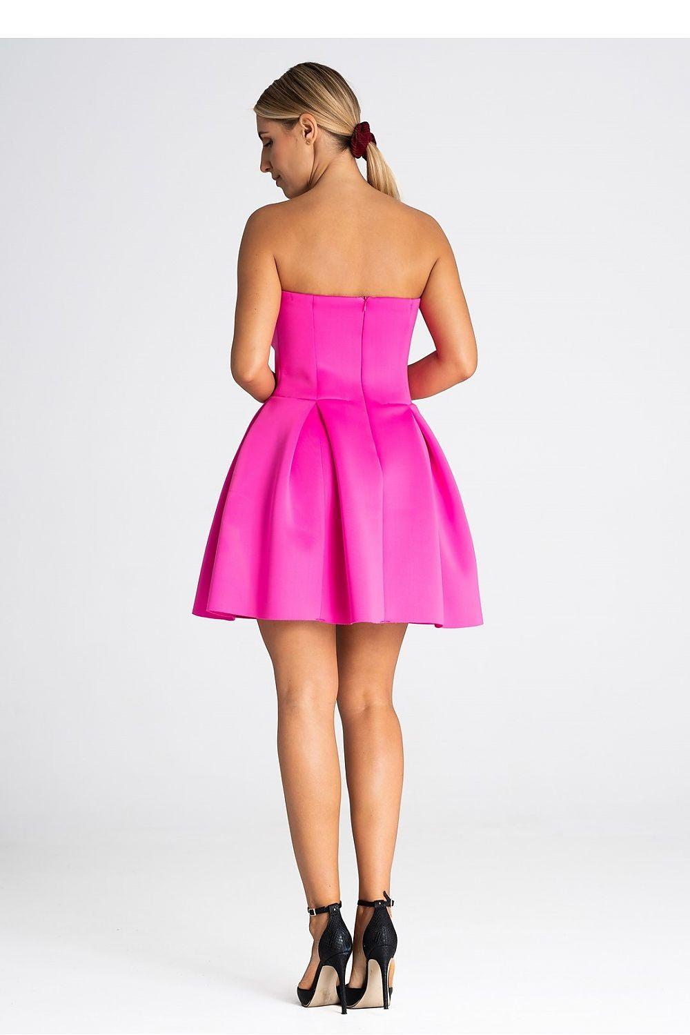 Magenta strapless cocktail dress with open back and pleated flared skirt