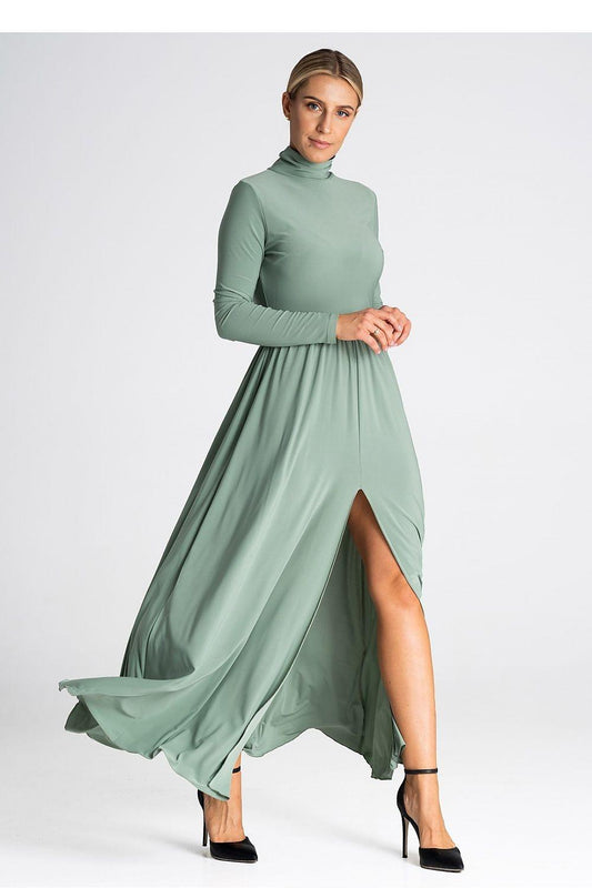 Green long-sleeve daydress with high neck, gathered waist, slit maxi skirt