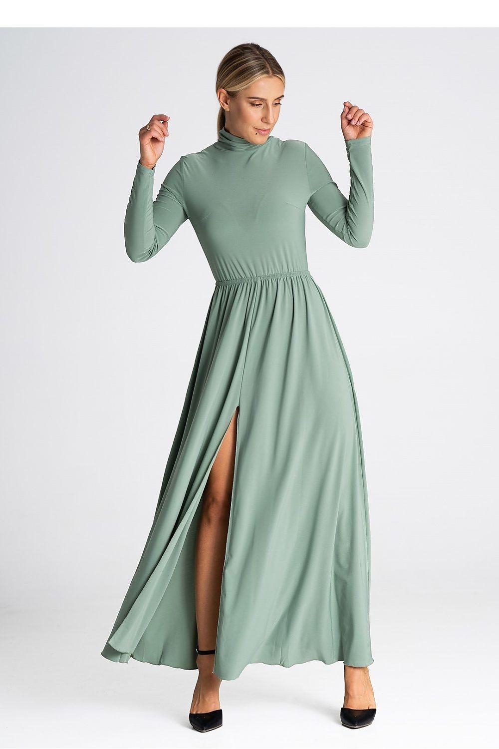 Green high-neck long-sleeve daydress with gathered waist and front slit, maxi