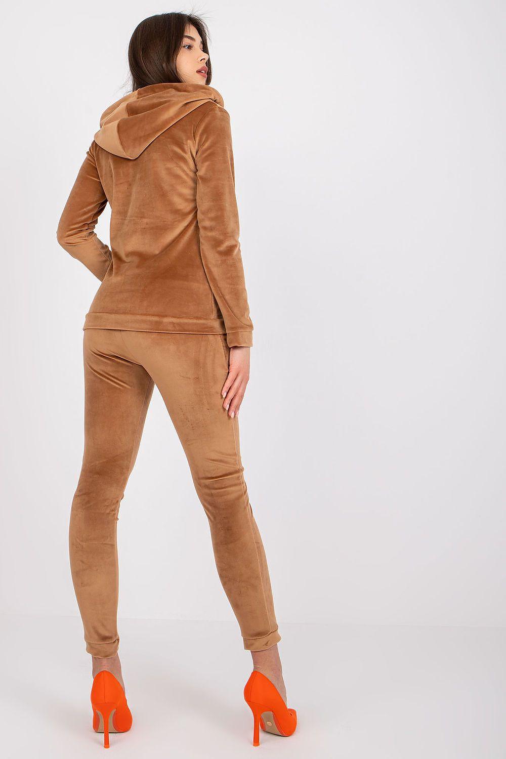 Brown velour tracksuit set with hooded jacket and tapered pants, full length