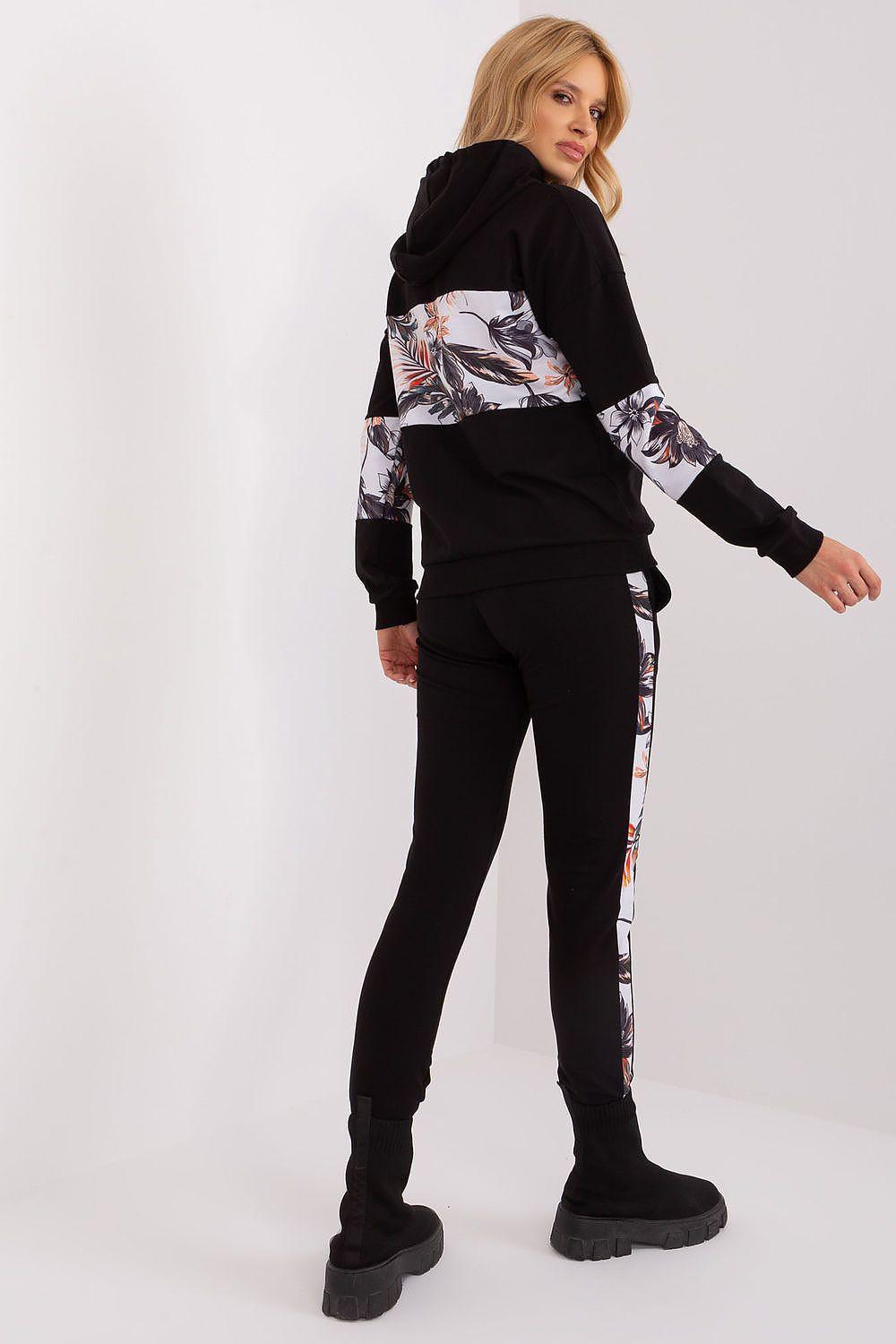 Black hooded tracksuit set with floral print panel and matching joggers